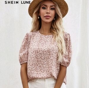 Shein Ditsy Floral Puff Sleeve Boho Pink Blouse Size Medium Summer Spring